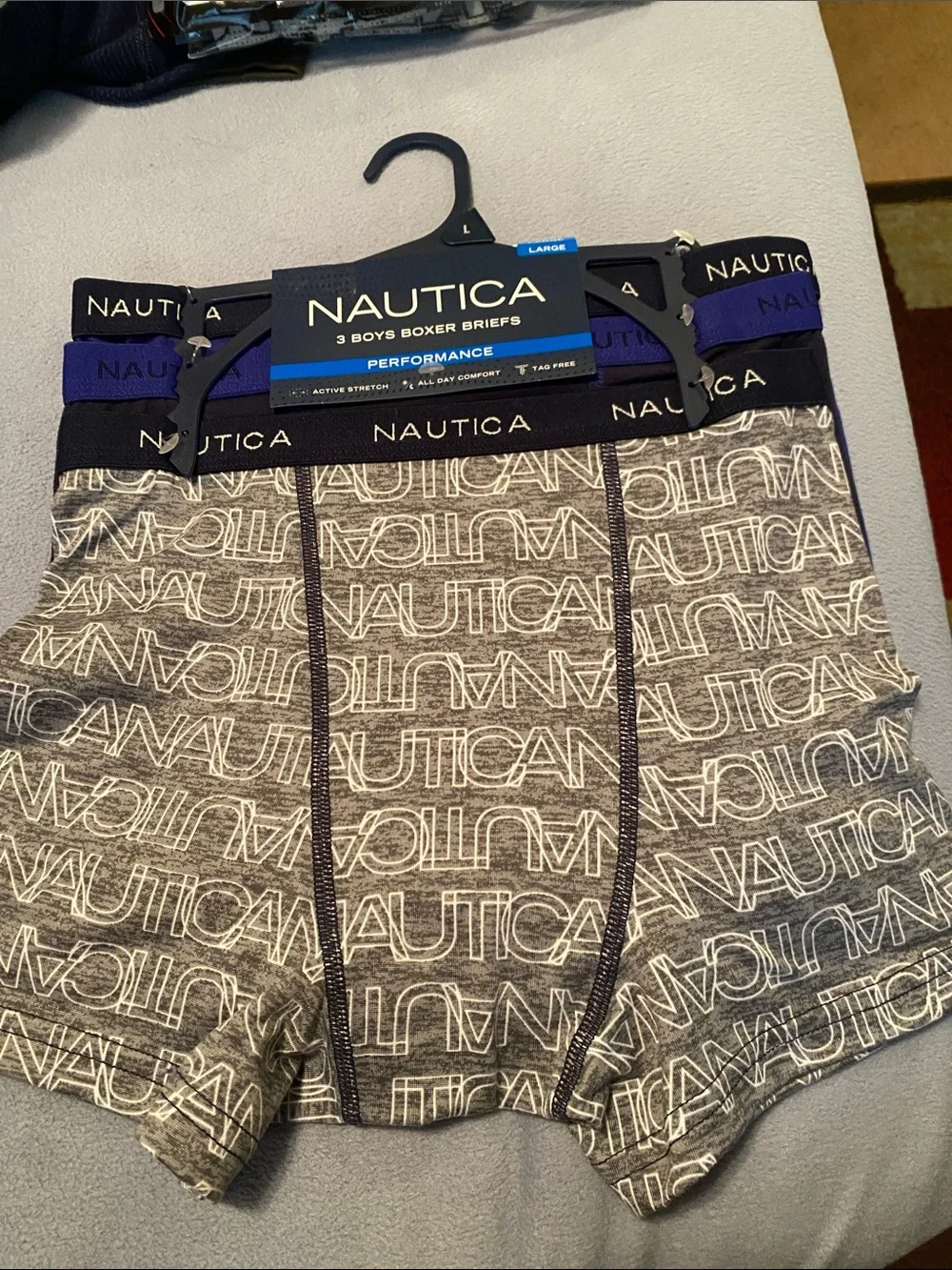 Nautica Boys Gray Logo Performance Boxer Briefs with Navy Waistband - 3 Pack